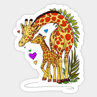 Affectionate giraffe mother nuzzling her calf surrounded by hearts and foliage Sticker